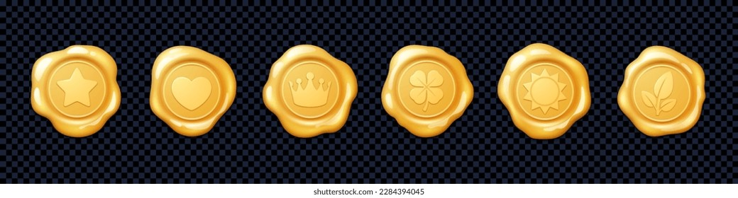 Realistic set of yellow wax stamps isolated on transparent background. Vector illustration of golden seal labels with star, heart, crown, clover, sun, leaf icons. Vintage quality and guarantee badges