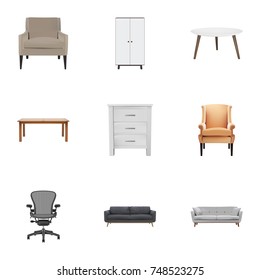 Realistic Settee, Kitchen, Commode And Other Vector Elements. Set Of Design Realistic Symbols Also Includes Furniture, Office, Divan Objects.