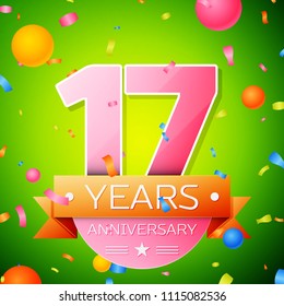 Realistic Seventeen Years Anniversary Celebration Design. Pink numbers and golden ribbon, confetti on green background. Colorful Vector template elements for your birthday party