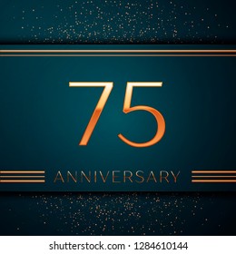 Realistic Seventy five Years Anniversary Celebration design banner. Golden number and confetti on green background. Colorful Vector template elements for your birthday party