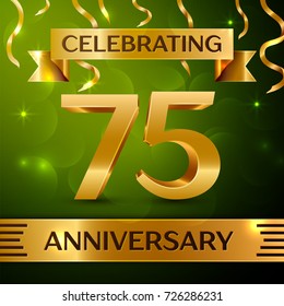Realistic Seventy five Years Anniversary Celebration Design. Confetti and gold ribbon on green background. Colorful Vector template elements for your birthday party. Anniversary ribbon