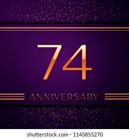 Realistic Seventy four Years Anniversary Celebration design banner. Golden number and confetti on purple background. Colorful Vector template elements for your birthday party