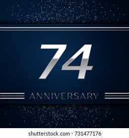 Realistic Seventy four Years Anniversary Celebration Logotype. Silver numbers and silver confetti on blue background. Colorful Vector template elements for your birthday party