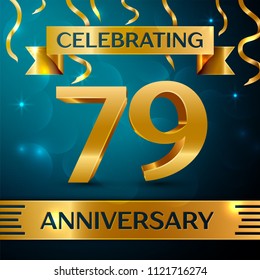 Realistic Seventy nine Years Anniversary Celebration Design. Golden confetti and gold ribbon on blue background. Colorful Vector template elements for your birthday party