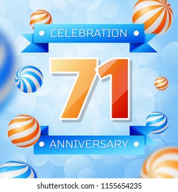 Realistic Seventy one Years Anniversary Celebration design banner. Gold numbers and blue ribbons, balloons on blue background. Colorful Vector template elements for your birthday party