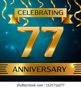 Realistic Seventy seven Years Anniversary Celebration Design. Golden confetti and gold ribbon on blue background. Colorful Vector template elements for your birthday party