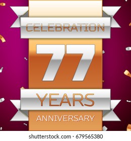 Realistic Seventy seven Years Anniversary Celebration Design. Silver and golden ribbon, confetti on purple background. Colorful Vector template elements for your birthday party. Anniversary ribbon