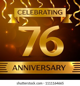 Realistic Seventy six Years Anniversary Celebration Design. Golden confetti and gold ribbon on brown background. Colorful Vector template elements for your birthday party
