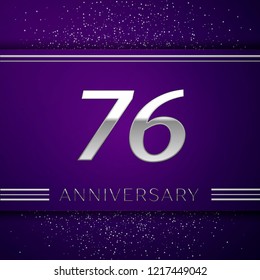 Realistic Seventy six Years Anniversary Celebration design banner. Silver number and confetti on purple background. Colorful Vector template elements for your birthday party