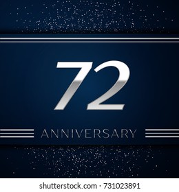 Realistic Seventy two Years Anniversary Celebration Logotype. Silver numbers and silver confetti on blue background. Colorful Vector template elements for your birthday party