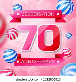 Realistic Seventy Years Anniversary Celebration design banner. Gold numbers and blue ribbons, balloons on blue background. Colorful Vector template elements for your birthday party