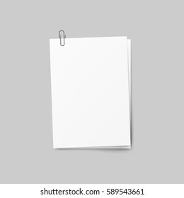 Realistic several sheets of paper and a metal paper clip isolated on background. 3d Vector illustration