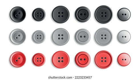 Realistic sewing button icon set buttons black gray and red in different styles and sizes color vector illustration