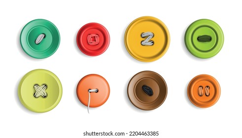 Realistic sewing clothing buttons icon set buttons of different colors sewn with thread vector illustration