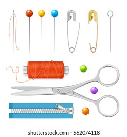 Realistic Sewing Tools Accessories Set for Sew and Repair Web Design Element for Business. Vector illustration