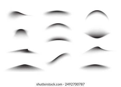 Realistic shadows of different shapes vector set. Collection of shadow effects with blurred soft edges isolated on transparent background.