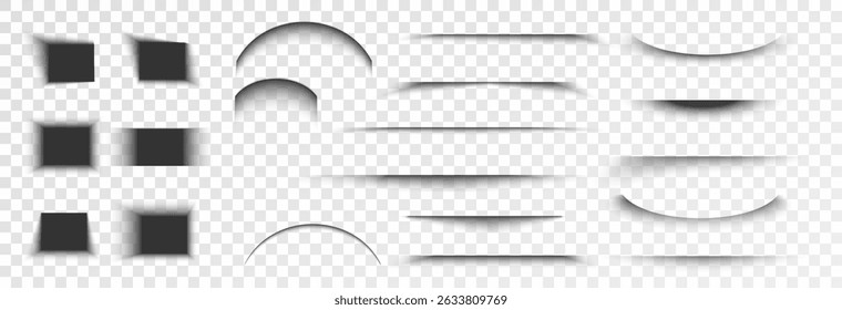 Realistic shadows, shadows from various objects on a transparent background, vector png. Collection of shadows for banners, design, posters. Shadow effects circle, square, line.
