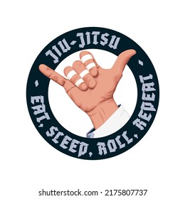 Realistic Shaka hand Bjj logo badge. Eat, sleep, roll, repeat. Hand with tapes illustration for Brazilian jiu-jitsu.