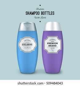 Realistic Shampoo Bottles with Vintage Labels. Vector Template Package. Product Packaging Design. Plastic Container Mock Up.