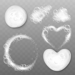 Realistic Shampoo Foam, Cleanser Foaming White Texture With Soap Bubbles. Liquid Bath Cream, Foams Wash Splashes. Foamed Pithy Vector Elements