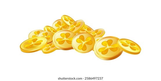 Realistic shamrock gold coin. Trefoil leprechaun money. St. Patricks Day decoration for greeting card. Irish tradition sticker. Vector illustration EPS 10