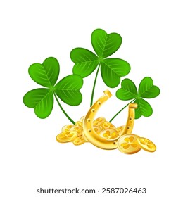 Realistic shamrock gold coin. Trefoil leprechaun money. St. Patricks Day decoration for greeting card. Irish tradition sticker. Vector illustration EPS 10