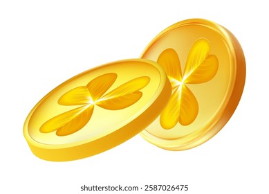 Realistic shamrock gold coin. Trefoil leprechaun money. St. Patricks Day decoration for greeting card. Irish tradition sticker. Vector illustration EPS 10