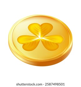 Realistic shamrock gold coin. Trefoil leprechaun money. St. Patricks Day decoration for greeting card. Irish tradition sticker. Vector illustration EPS 10