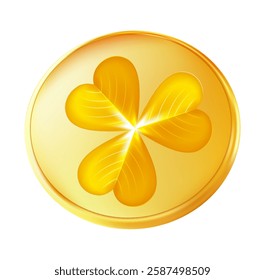 Realistic shamrock gold coin. Trefoil leprechaun money. St. Patricks Day decoration for greeting card. Irish tradition sticker. Vector illustration EPS 10