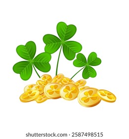 Realistic shamrock gold coin. Trefoil leprechaun money. St. Patricks Day decoration for greeting card. Irish tradition sticker. Vector illustration EPS 10