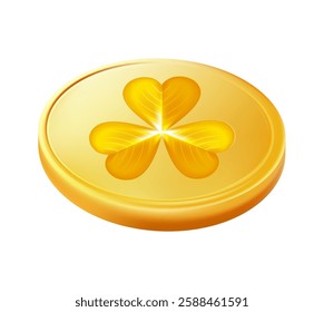 Realistic shamrock gold coin. Trefoil leprechaun money. St. Patricks Day decoration for greeting card. Irish tradition sticker. Vector illustration EPS 10