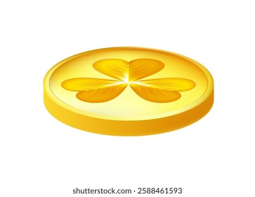 Realistic shamrock gold coin. Trefoil leprechaun money. St. Patricks Day decoration for greeting card. Irish tradition sticker. Vector illustration EPS 10