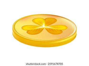 Realistic shamrock gold coin. Trefoil leprechaun money. St. Patricks Day decoration for greeting card. Irish tradition sticker. Vector illustration EPS 10