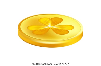 Realistic shamrock gold coin. Trefoil leprechaun money. St. Patricks Day decoration for greeting card. Irish tradition sticker. Vector illustration EPS 10