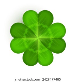 Realistische Shamrock-Ikone. Klee vier Blätter Logo. Grüner Blumenaufkleber. Trefoil-Zeichen. St. Patrick Day Dekoration für Grußkarte. Irisches Traditionsmotiv, Zierelement. Vektorabbildung EPS 10.