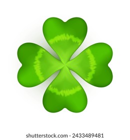 Realistische Shamrock-Ikone. Klee vier Blätter Logo. Grüner Blumenaufkleber. Trefoil-Zeichen. St. Patrick Day Dekoration für Grußkarte. Irisches Traditionsmotiv, Zierelement. Vektorabbildung EPS 10.