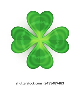 Realistische Shamrock-Ikone. Klee vier Blätter Logo. Grüner Blumenaufkleber. Trefoil-Zeichen. St. Patrick Day Dekoration für Grußkarte. Irisches Traditionsmotiv, Zierelement. Vektorabbildung EPS 10.