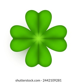 Realistic shamrock icon. Clover four leaves logo. Green floral sticker. Trefoil sign. St Patrick Day decoration for greeting card. Irish tradition motif, ornament element. Vector illustration EPS 10.