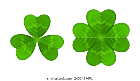 Realistische Shamrock-Ikone. Klee drei Blätter Logo. Grüner Blumenaufkleber. Trefoil-Zeichen. St. Patrick Day Dekoration für Grußkarte. Irisches Traditionsmotiv, Zierelement. Vektorabbildung EPS 10.