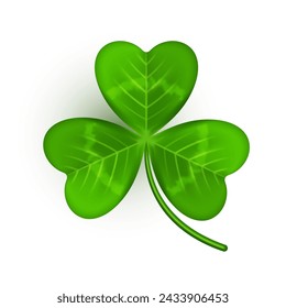 Realistische Shamrock-Ikone. Klee drei Blätter Logo. Grüner Blumenaufkleber. Trefoil-Zeichen. St. Patrick Day Dekoration für Grußkarte. Irisches Traditionsmotiv, Zierelement. Vektorabbildung EPS 10.