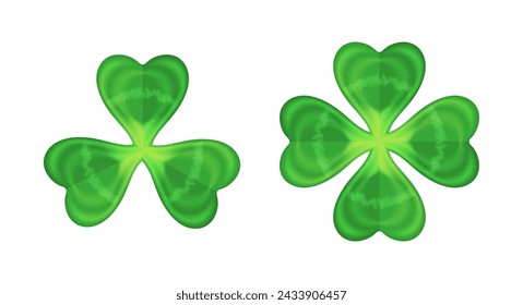 Realistische Shamrock-Ikone. Klee drei Blätter Logo. Grüner Blumenaufkleber. Trefoil-Zeichen. St. Patrick Day Dekoration für Grußkarte. Irisches Traditionsmotiv, Zierelement. Vektorabbildung EPS 10.