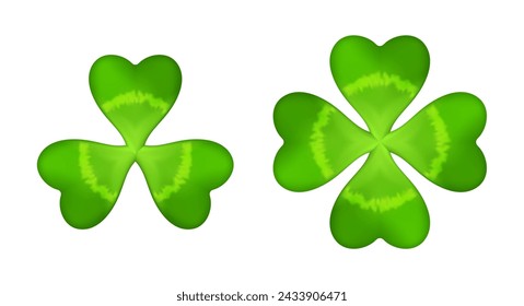 Realistische Shamrock-Ikone. Klee drei Blätter Logo. Grüner Blumenaufkleber. Trefoil-Zeichen. St. Patrick Day Dekoration für Grußkarte. Irisches Traditionsmotiv, Zierelement. Vektorabbildung EPS 10.