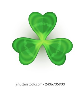 Realistic shamrock icon. Clover three leaves logo. Green floral sticker. Trefoil sign. St Patrick Day decoration for greeting card. Irish tradition motif, ornament element. Vector illustration EPS 10.