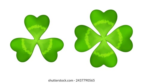 Realistic shamrock icon. Clover three leaves logo. Green floral sticker. Trefoil sign. St Patrick Day decoration for greeting card. Irish tradition motif, ornament element. Vector illustration EPS 10.