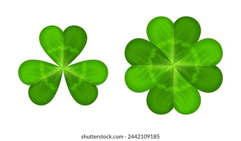 Realistic shamrock icon. Clover three leaves logo. Green floral sticker. Trefoil sign. St Patrick Day decoration for greeting card. Irish tradition motif, ornament element. Vector illustration EPS 10.