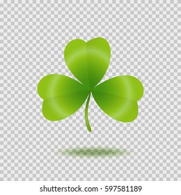 Realistic shamrock leaf with shadow isolated on transparent background. Green Irish symbol Good Luck. Vector  clover pattern for Saint Patrick's Day greeting card design
