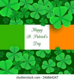 Realistic shamrock pattern with dew on leaves, Patrick day. Vector illustration.