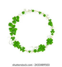 Realistic shamrock twisted wreath. Round Clover luxury frame. Green gold leaves floral garland. Trefoil border. St Patricks Day decoration for greeting card. Irish motif. Vector illustration EPS 10.