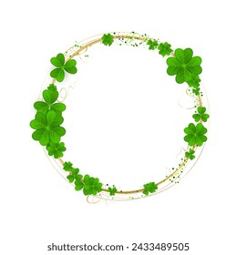 Realistic shamrock twisted wreath. Round Clover luxury frame. Green gold leaves floral garland. Trefoil border. St Patricks Day decoration for greeting card. Irish motif. Vector illustration EPS 10.