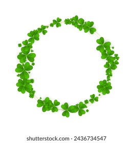 Realistic shamrock twisted wreath. Round Clover luxury frame. Green gold leaves floral garland. Trefoil border. St Patricks Day decoration for greeting card. Irish motif. Vector illustration EPS 10.